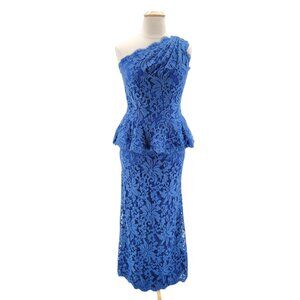 Tadashi Shoji Blue Lace Peplum One Shoulder Gown Maxi Dress Womens 14
